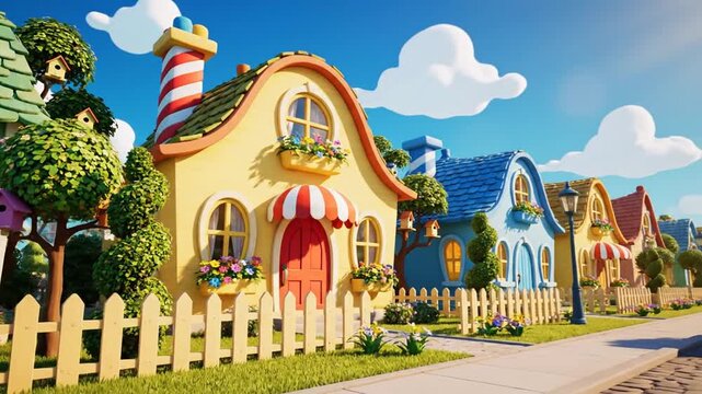 Whimsical colorful fairy tale houses in a sunny suburban neighborhood with cartoon style architecture.