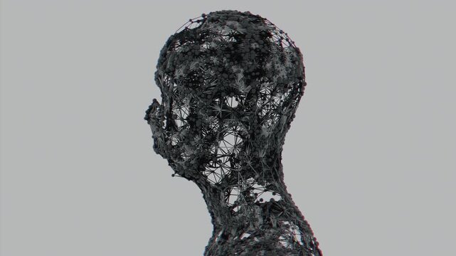 Seamless loop of abstract human bust formed by a complex particle plexus network. Digital futuristic artificial intelligence model made of connected molecular nodes and neural lattice science backgrou