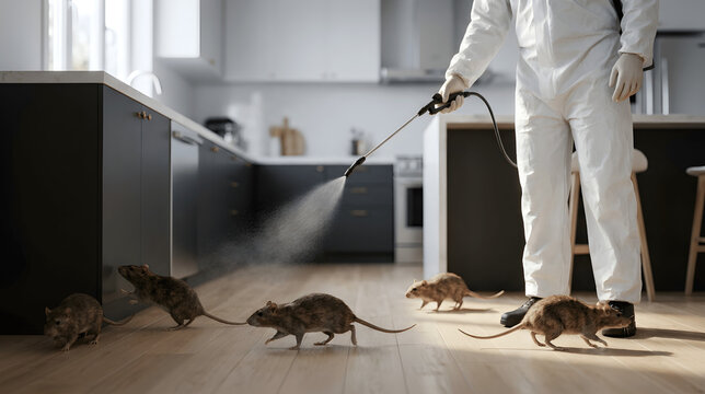 Professional rodent control technician applying pest control treatment and rodent exclusion methods for rat infestation prevention, inspection, sanitation, safe effective pest management services
