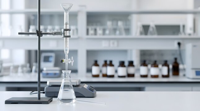 precision laboratory burette setup for controlled liquid dispensing analytical chemistry measurement research and scientific testing