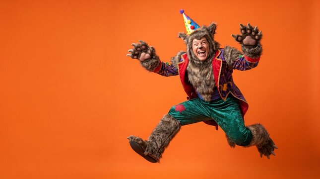 Scary Halloween costume, Adult man in wolf costume jumping and smiling in front of orange background  