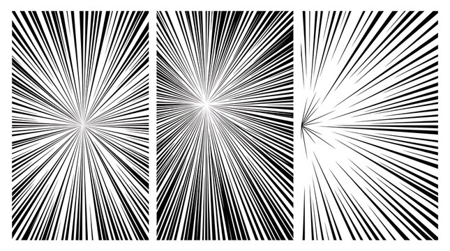 Set of vertical manga speed lines backgrounds, black and white comic book action zoom line effects, explosion burst radial vector patterns