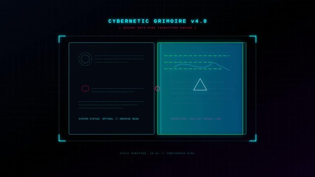 Futuristic Cybernetic Grimoire Digital Data Interface with Animated Electronic Information Overlay