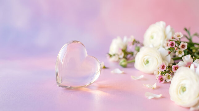 Glass heart decoration placed beside delicate white ranunculus flowers on a soft pastel pink background surface