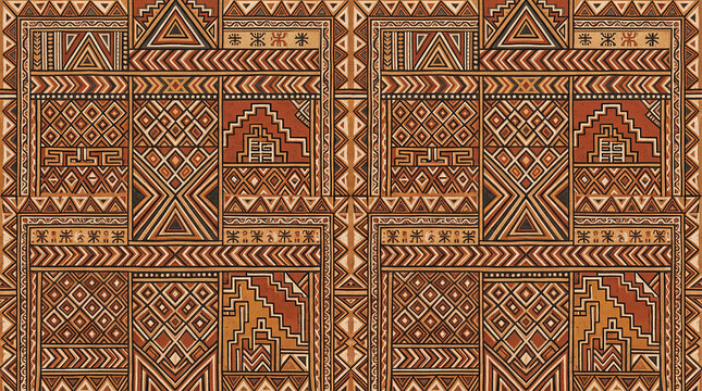 Seamless african mudcloth pattern featuring geometric shapes and tribal symbols in earth tones.