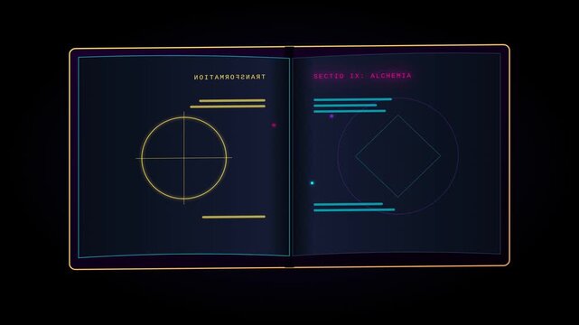 Futuristic Digital Grimoire Animation with Rotating Alchemy Symbols and Geometric Pattern Graphics