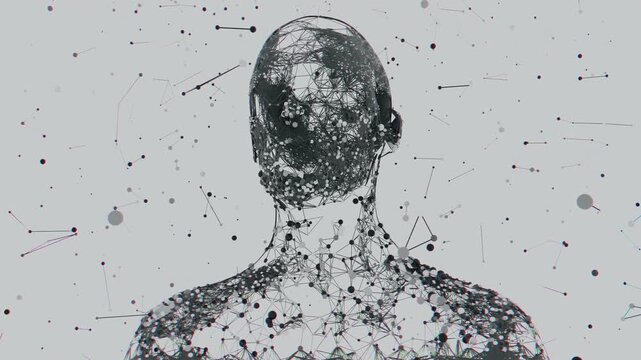 Seamless loop of abstract human bust dissolving into floating plexus particles. Digital futuristic artificial intelligence model made of connected molecular nodes and neural lattice science background
