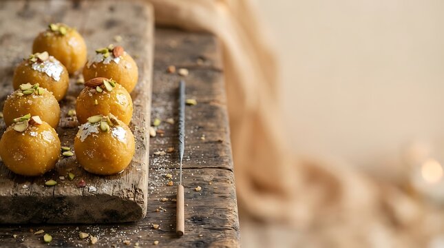 Delicious golden Indian Laddus, generously garnished with pistachios and almond slivers, artfully arranged on a rustic wooden board, inviting a taste of traditional festivity