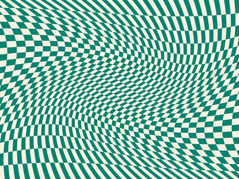 Distorted checkered green background.  Twisted and distorted vector texture in trendy retro psychedelic style