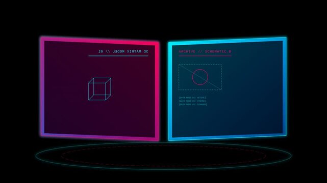 Futuristic Digital Matrix Interface Displaying Data Processing and Three Dimensional Wireframe Cube