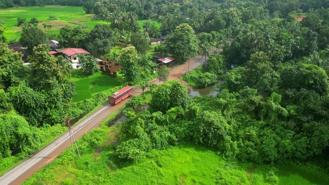 Maharashtra State Transport Bus Passing Through Village on amboli Goa Road During August Monsoon