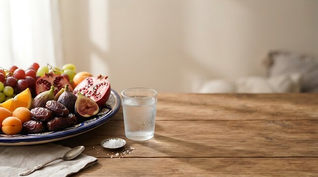 Healthy Ramadan Iftar platter with fresh fruits, dates, and glass of water on rustic wooden table in natural light