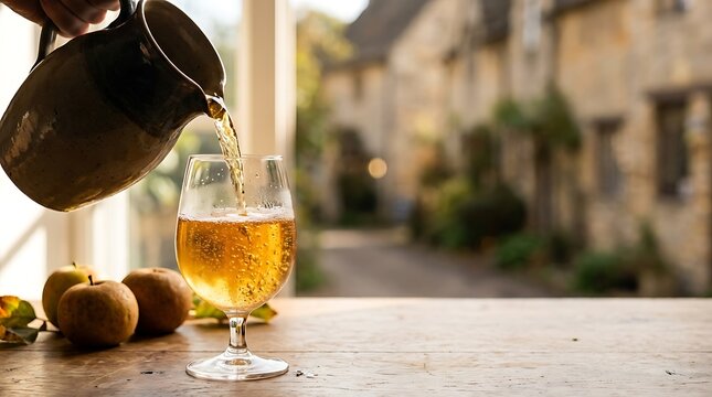 Pouring Fresh Homemade Apple Cider into a Glass on a Rustic Wooden Table with Autumnal Village Background