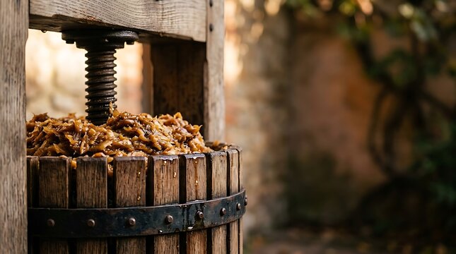 Close-up of a traditional wooden fruit press actively extracting juice from mashed apples, showcasing the artisanal process of cider making or fruit processing