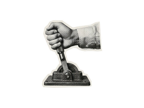 Hand operating a mechanical lever in halftone style with a vintage cut-out edge on a transparent background