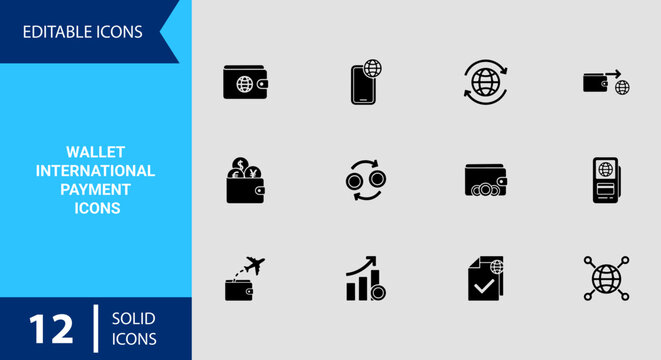 Cross Border Wallet Payment Solid Icon Set for International Banking and Global Transfers