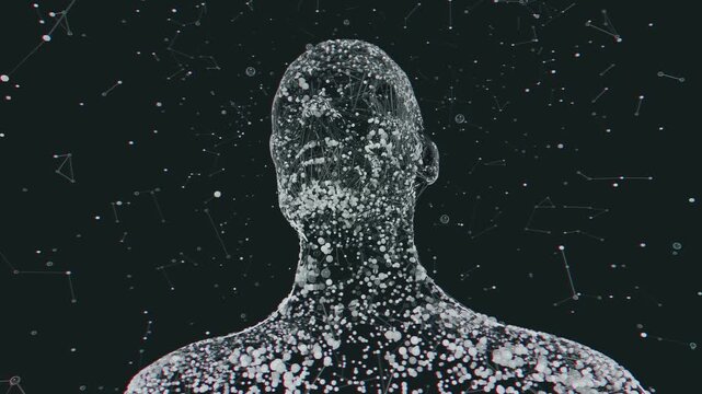 Seamless loop of abstract human bust dissolving into floating plexus particles. Digital futuristic artificial intelligence model made of connected molecular nodes and neural lattice science background