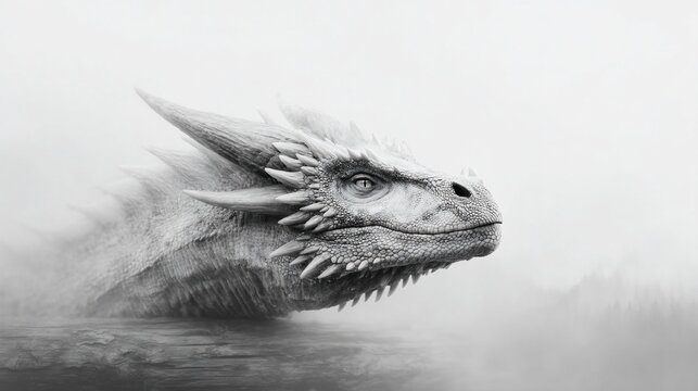 Majestic grayscale dragon emerges from fog over water, detailed scales