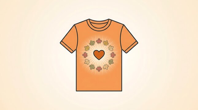 Orange T-Shirt Featuring a Heart Surrounded by Colorful Autumn Fall Leaves Graphic Design for Seasonal Fashion and Cozy Apparel Inspiration