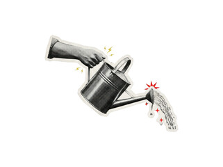 Hand holding a watering can pouring water, halftone style on transparent background © creatfive