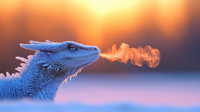 White dragon breathing frost in sunset.