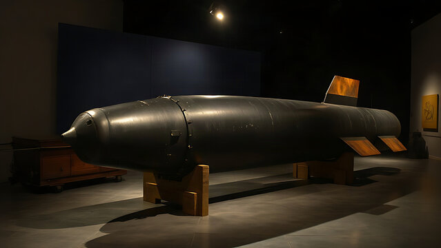 Decommissioned naval torpedo on wooden display cradles in museum, naval history concept