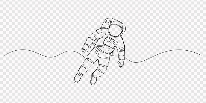 Continuous single line drawing of an astronaut floating in outer space, Minimalist astronaut floating space walk continuous line art drawing vector, Astronaut floating in outer space above a planet 