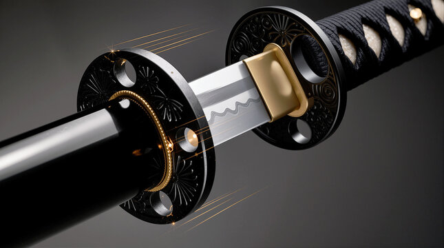 Close-up of Japanese Samurai Katana Sword Unsheathing from Scabbard with Glowing Golden Sparks and Detailed Tsuba Handguard