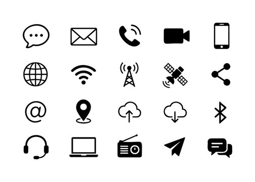 Communication and Contact Black Icon Set with Chat, Email, Phone, Video Call and Social Media Symbols for Business and Technology Design