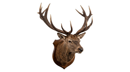 Naklejka premium Majestic red deer head trophy featuring wide impressive antlers mounted on wooden plaque wall display.