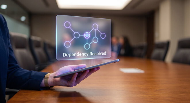 Program manager hand holding tablet with holographic cross-team dependency mapping node diagram, digital project coordination concept in boardroom