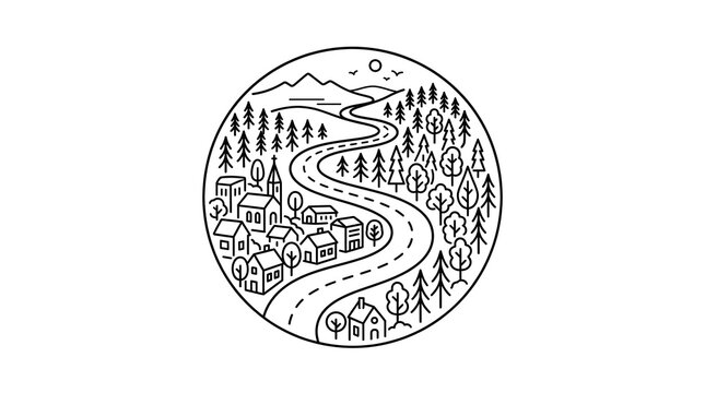 Minimalist Winding Road Leads Through Charming Village and Forest Landscape