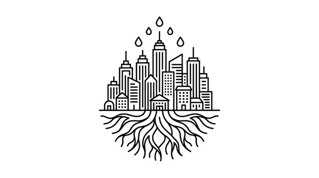 Minimalist City Skyline Grows from Tree Roots Concept for Urban Sustainability