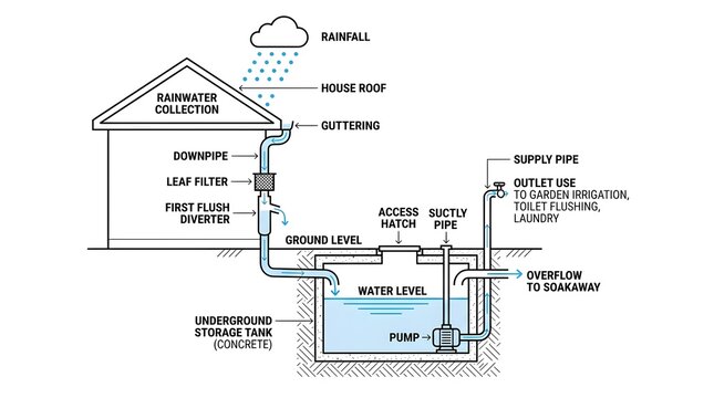 Rainwater Harvesting System Diagram Showing Collection Storage and Distribution