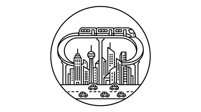 Minimalist Line Art Icon of an Elevated Train and Cityscape with Cars