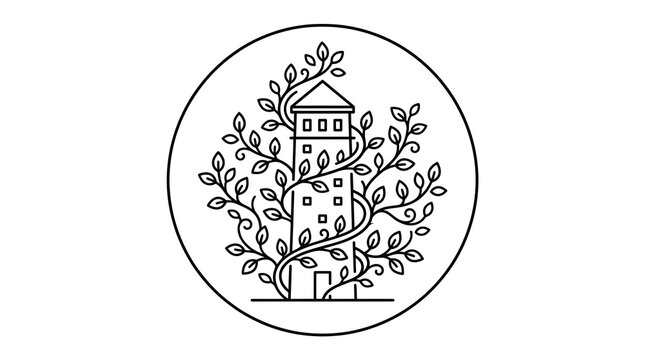 Minimalist Line Art Icon of a Spiraling Vine Wrapping Around a Building