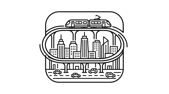 Modern Minimalist Line Art Icon of a City Skyline with an Elevated Train and Cars
