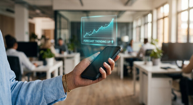 Business analyst hand holding smartphone with holographic AI-powered financial forecast trend line, predictive analytics dashboard concept in open-plan office