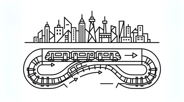 Minimalist Subway Train Illustration Above City Skyline