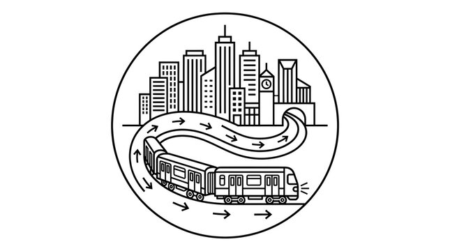 Minimalist Line Art Icon of Subway Train Traveling Through Cityscape Tunnel