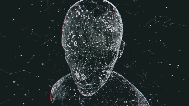 Seamless loop of abstract human head formed by glowing plexus network. Digital futuristic artificial intelligence model made of connected molecular nodes and neural lattice particle science background