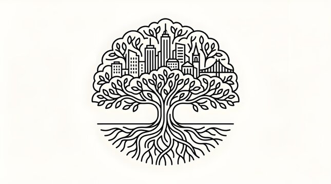 Minimalist Line Art Icon Layered Tree Canopy with City Skyline and Bridge