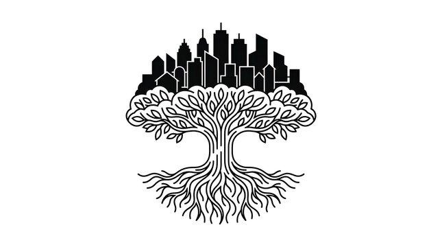 Symbolic Illustration of Urban Growth Growing from a Stylized Tree Canopy and Roots