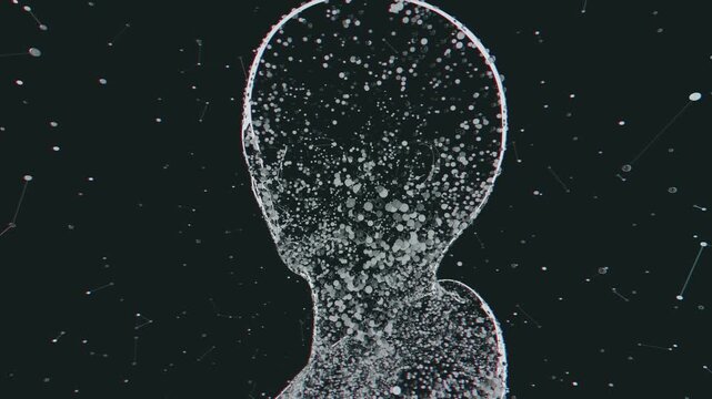 Seamless loop of abstract human head formed by glowing plexus network. Digital futuristic artificial intelligence model made of connected molecular nodes and neural lattice particle science background