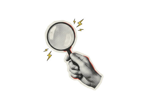Hand holding a magnifying glass with lightning bolts in a halftone pop art style, transparent background