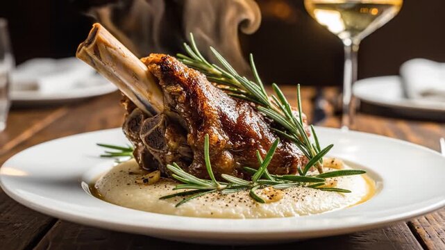 Gourmet lamb shank slow cooked and served on creamy polenta with rosemary garnish steaming hot and delicious