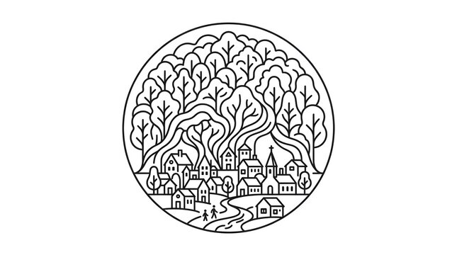 Minimalist Line Art Illustration of a Quaint Village Nestled Beneath a Dense Forest Canopy