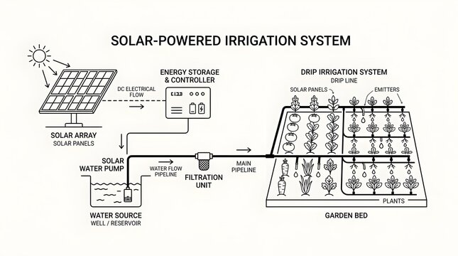 Diagram of Solar Powered Drip Irrigation System for Gardens