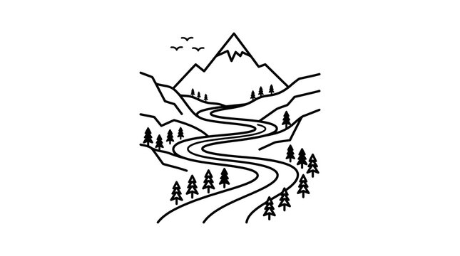 Minimalist Mountain Road with Trees and Birds Line Art