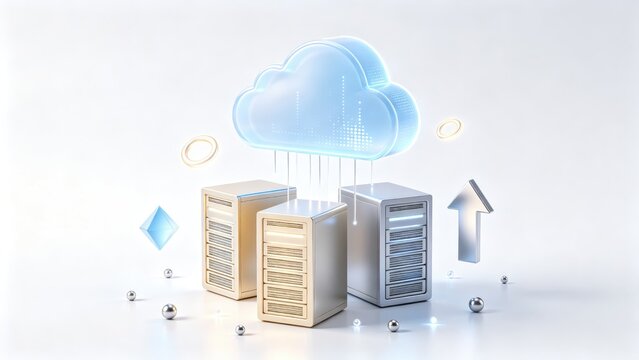 Cloud computing server infrastructure connected to digital cloud with upload symbol, idea for data storage, hosting and enterprise technology banner